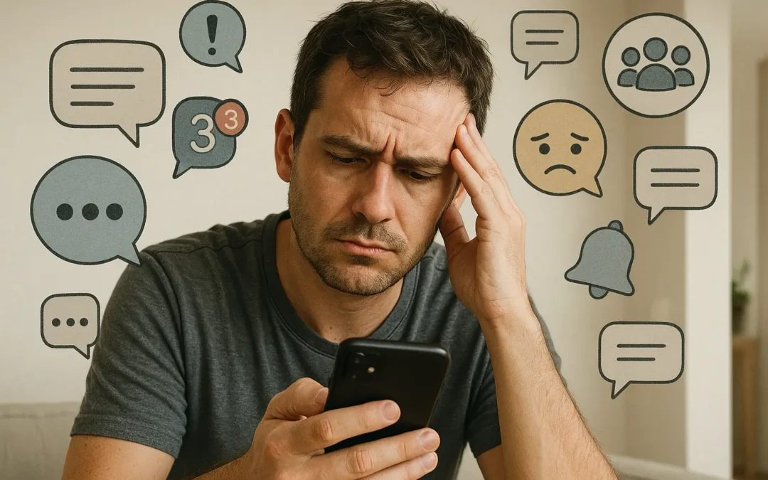 Adulto affaticato guarda il telefono circondato da fumetti di messaggi, simbolo di sovraccarico comunicativo e bisogno di silenzio digitale