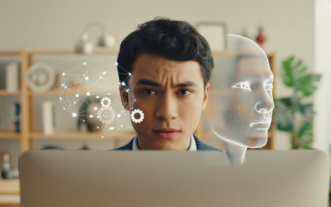 Giovane adulto davanti a uno schermo con icone di intelligenza artificiale, simbolo di consapevolezza digitale