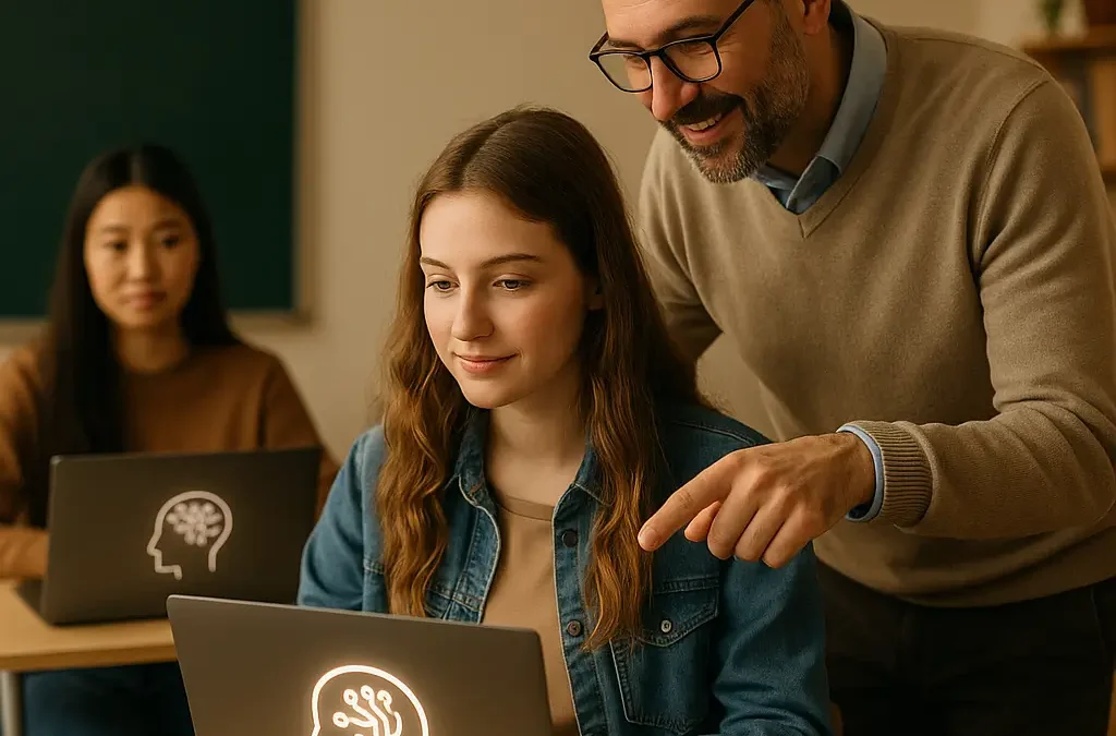 Docente che utilizza l'AI nella formazione per guidare studenti nell'apprendimento personalizzato con tecnologie digitali in aula.